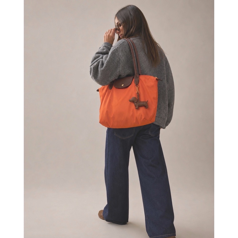 Longchamp Le Pliage Large Shoulder Tote Bag Orange Nylon Leather Trim